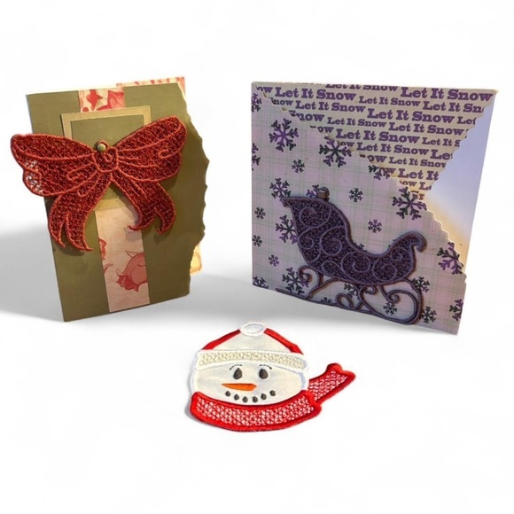 Other - Handmade Holiday Greeting Cards w Removable Quilted Ornaments Bow Sleigh Snowman